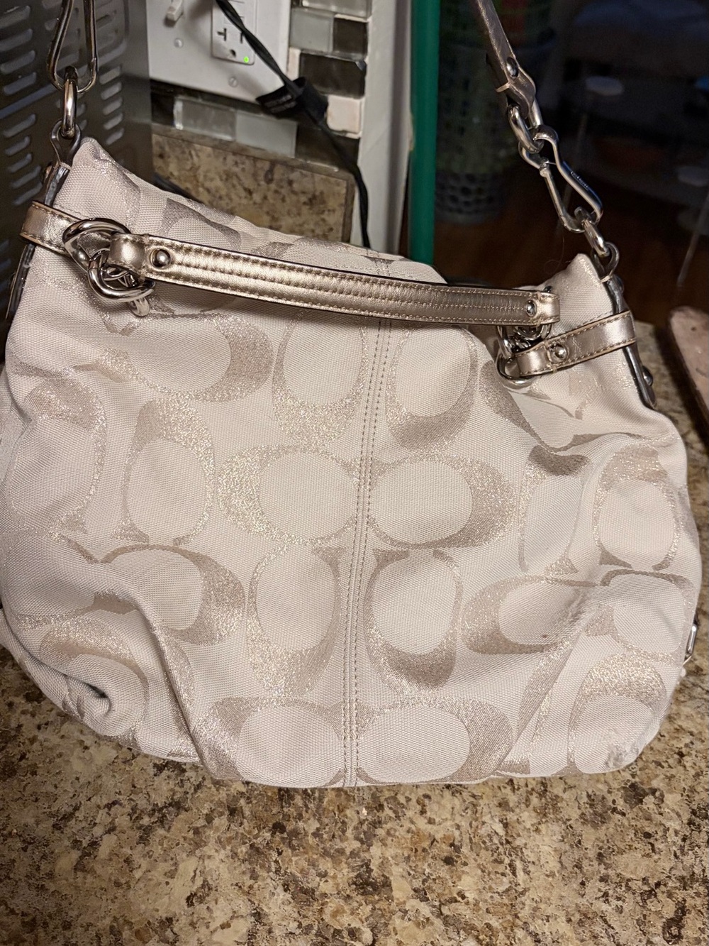 Coach Ivory and Metallic Silver Signature Shoulder Bag